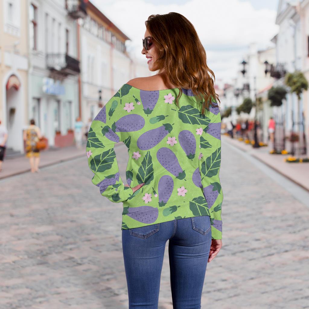 Eggplant Cute Pattern Print Women Off Shoulder Sweatshirt-grizzshop
