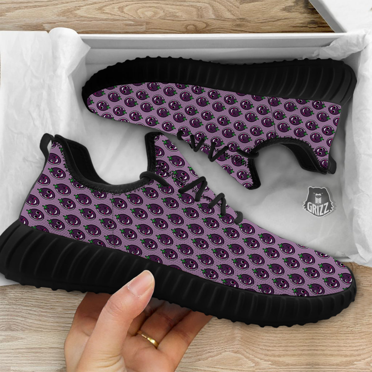 Eggplant Cute Print Pattern Black Walking Shoes-grizzshop