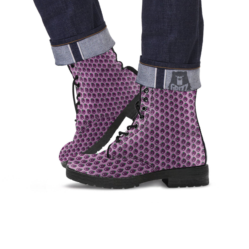 Eggplant Cute Print Pattern Leather Boots-grizzshop
