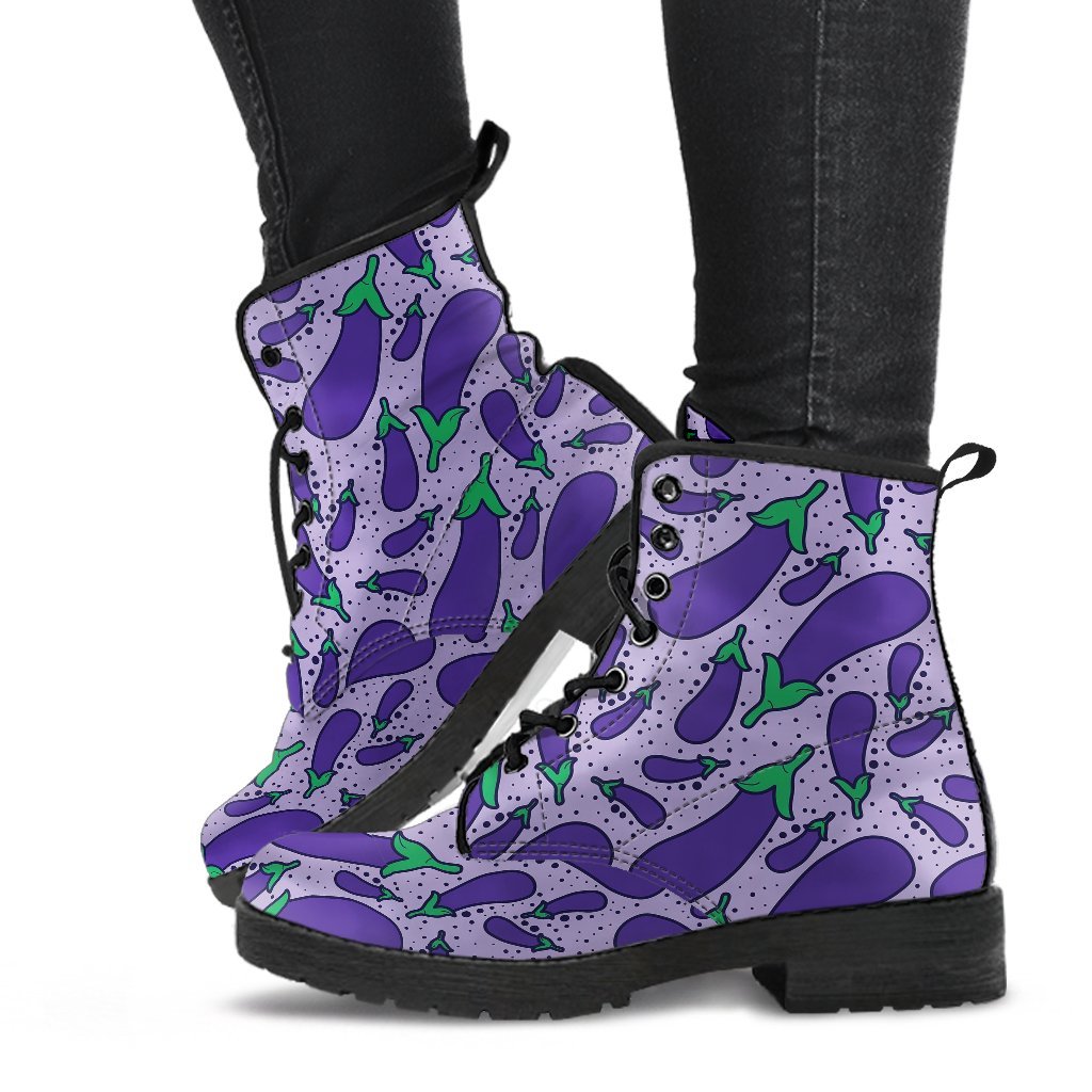 Eggplant Cute Print Pattern Men Women Leather Boots-grizzshop