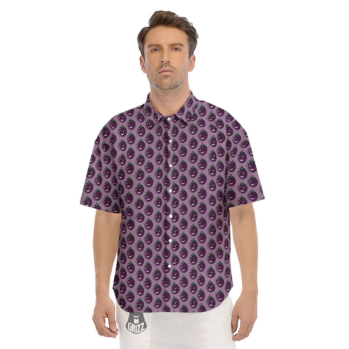Eggplant Cute Print Pattern Men's Short Sleeve Shirts-grizzshop