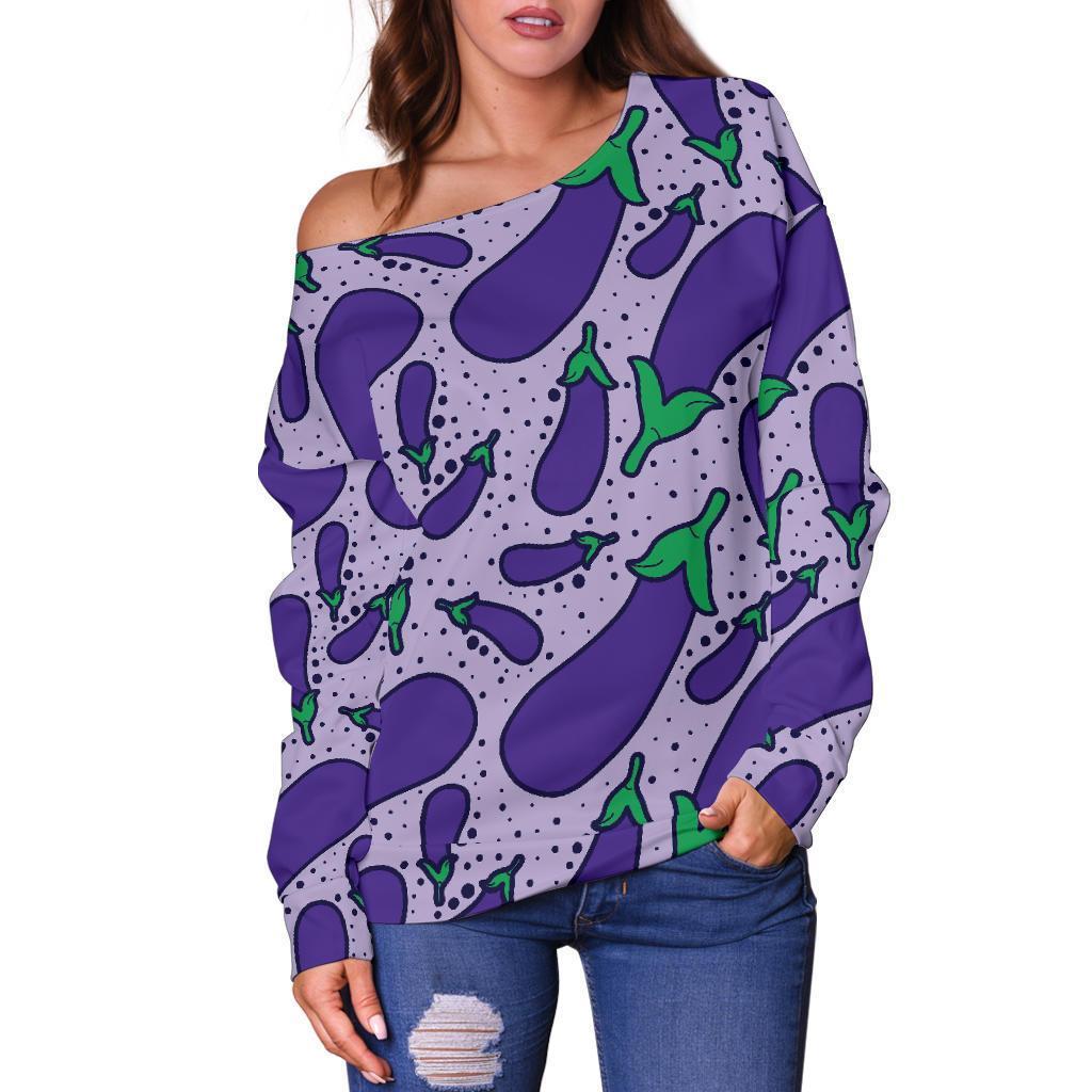 Eggplant Cute Print Pattern Women Off Shoulder Sweatshirt-grizzshop