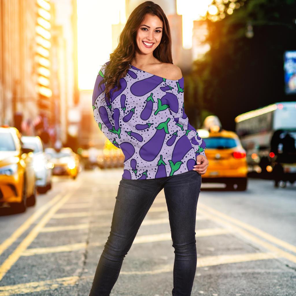 Eggplant Cute Print Pattern Women Off Shoulder Sweatshirt-grizzshop