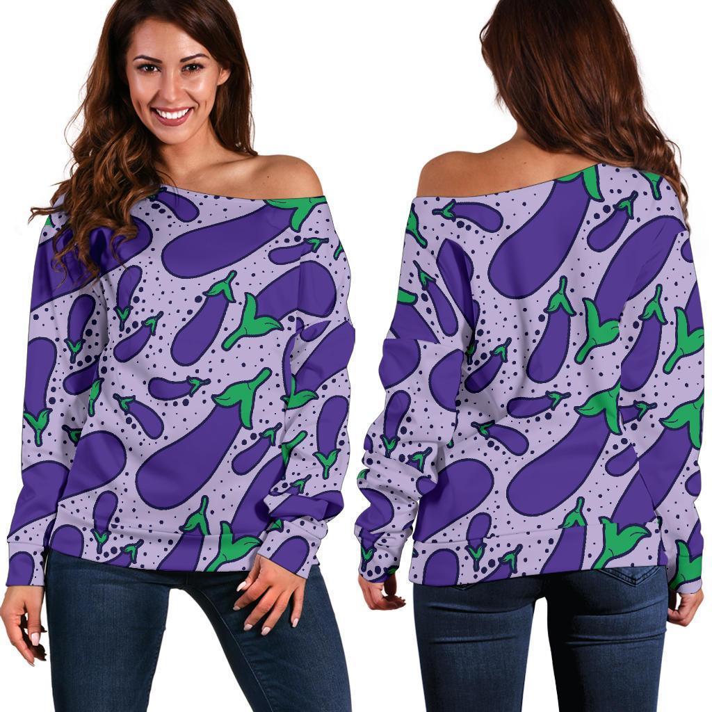 Eggplant Cute Print Pattern Women Off Shoulder Sweatshirt-grizzshop