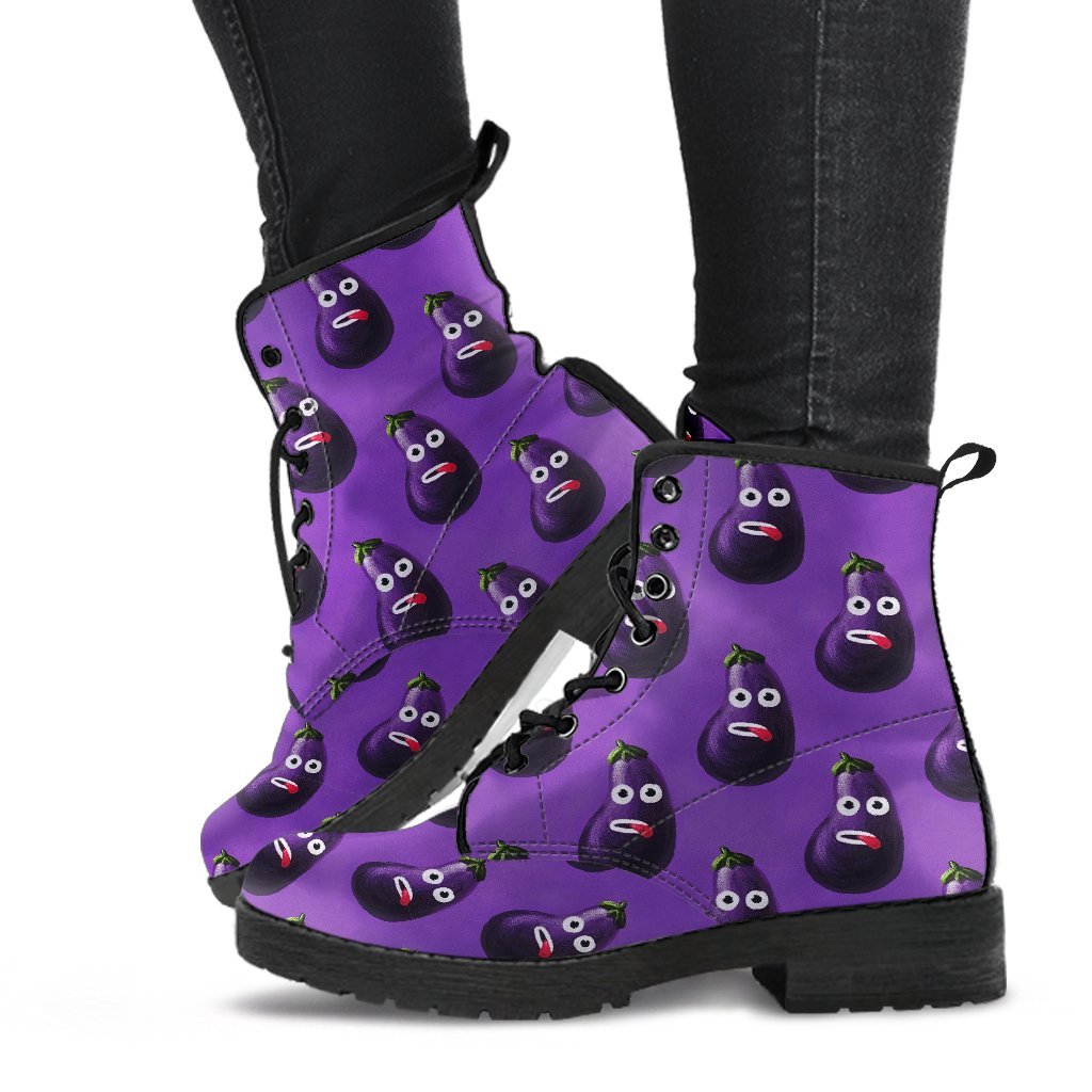 Eggplant Funny Pattern Print Men Women Leather Boots-grizzshop
