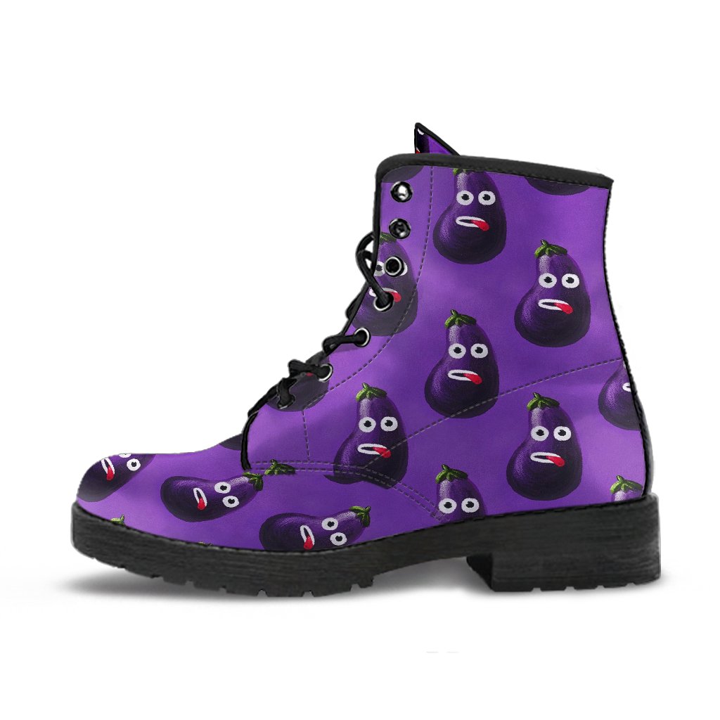 Eggplant Funny Pattern Print Men Women Leather Boots-grizzshop