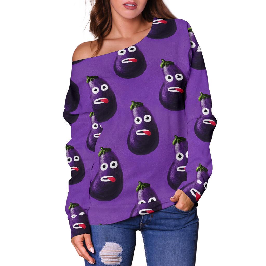 Eggplant Funny Pattern Print Women Off Shoulder Sweatshirt-grizzshop