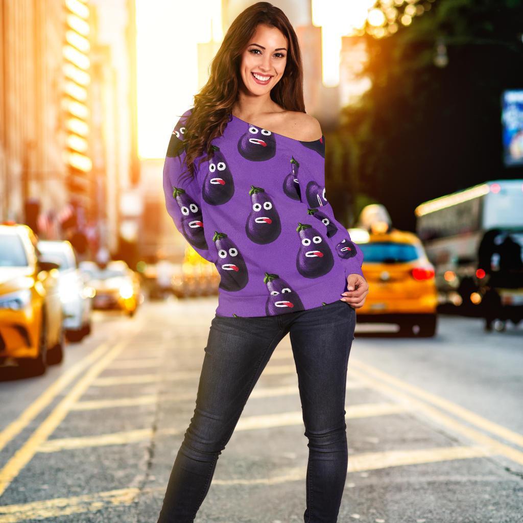 Eggplant Funny Pattern Print Women Off Shoulder Sweatshirt-grizzshop