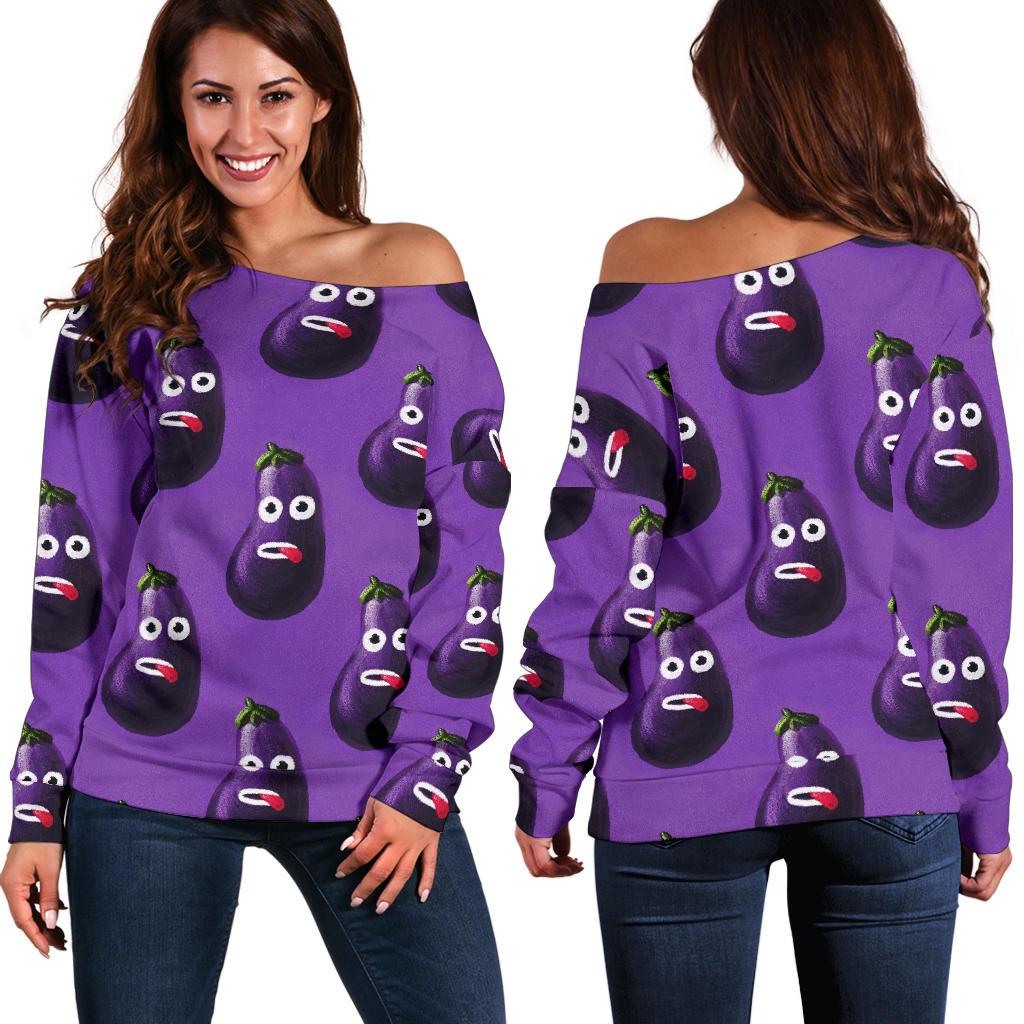 Eggplant Funny Pattern Print Women Off Shoulder Sweatshirt-grizzshop