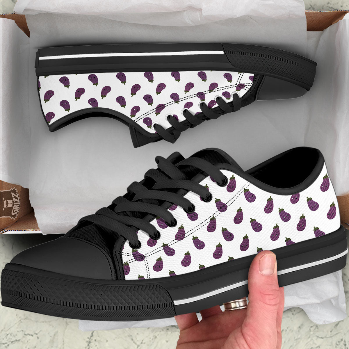 Eggplant Funny Print Pattern Black Low Top Shoes-grizzshop