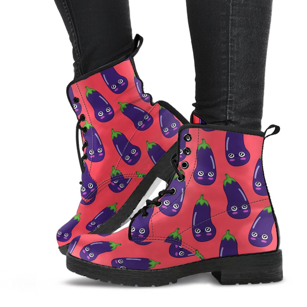 Eggplant Funny Print Pattern Men Women Leather Boots-grizzshop