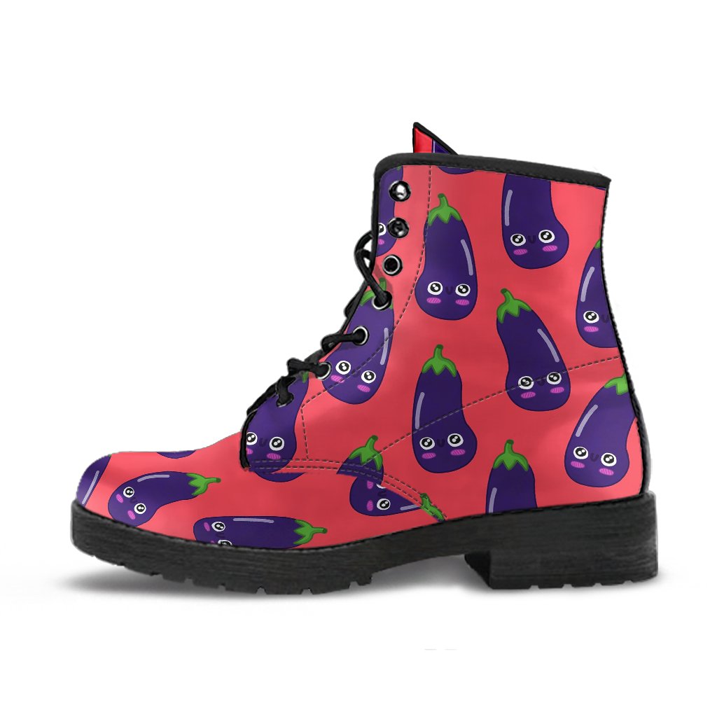 Eggplant Funny Print Pattern Men Women Leather Boots-grizzshop