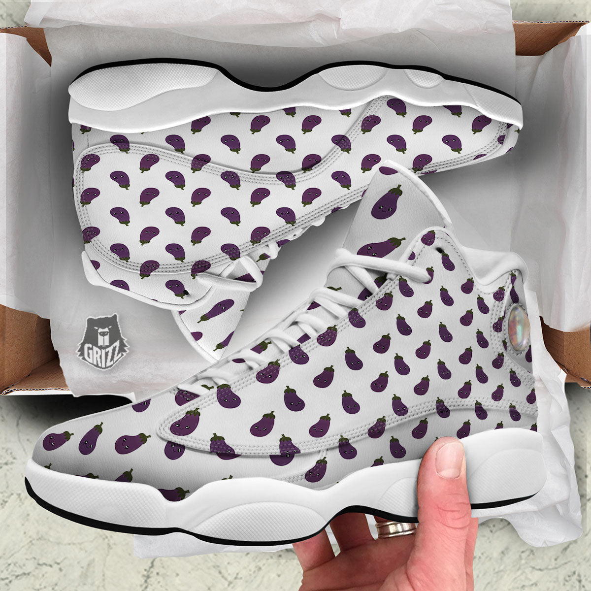 Eggplant Funny Print Pattern White Basketball Shoes-grizzshop