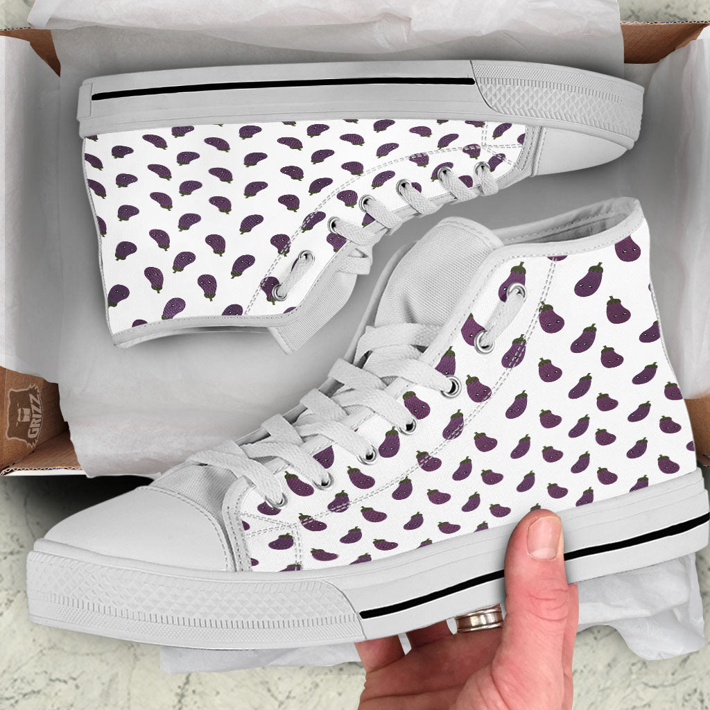 Eggplant Funny Print Pattern White High Top Shoes-grizzshop