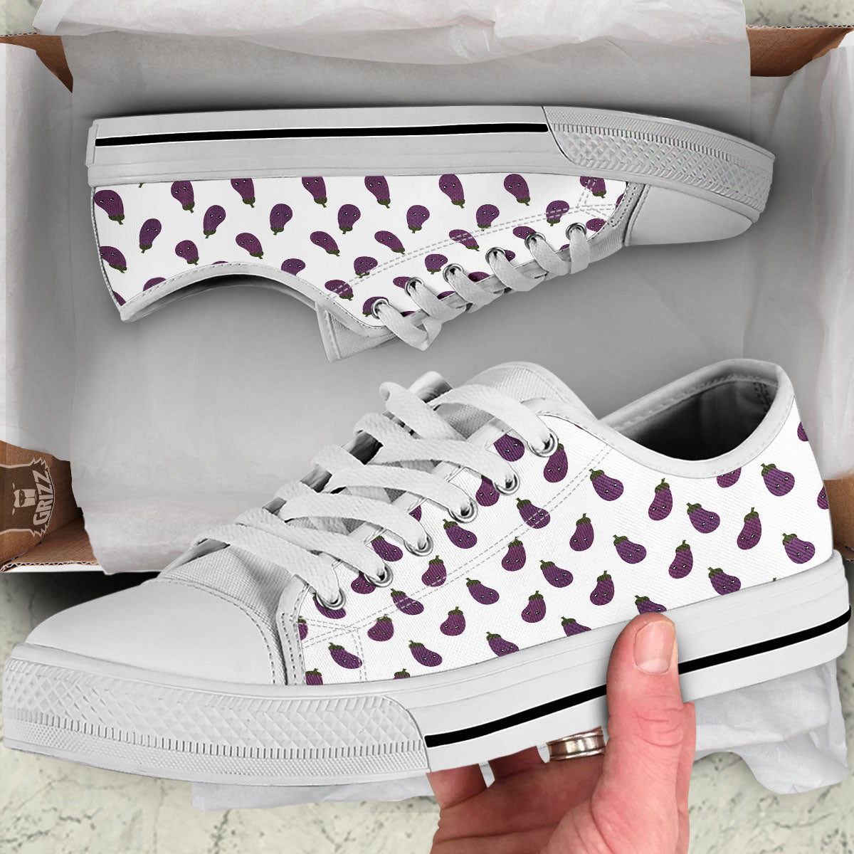 Eggplant Funny Print Pattern White Low Top Shoes-grizzshop