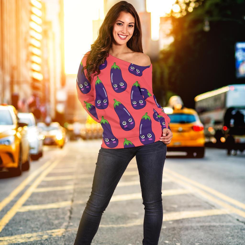 Eggplant Funny Print Pattern Women Off Shoulder Sweatshirt-grizzshop