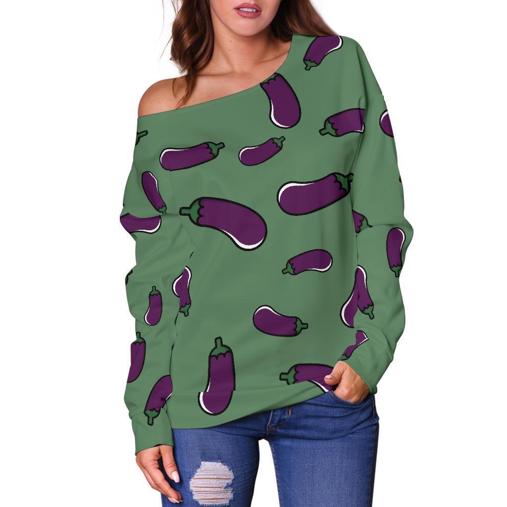 Eggplant Pattern Print Women Off Shoulder Sweatshirt-grizzshop