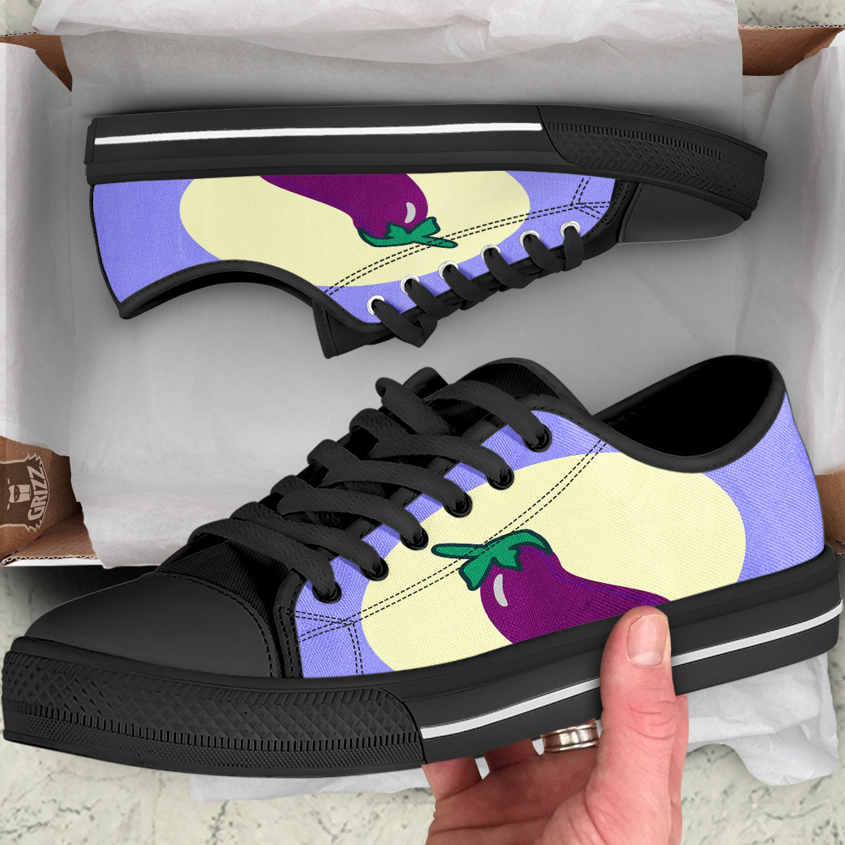 Eggplant Print Black Low Top Shoes-grizzshop
