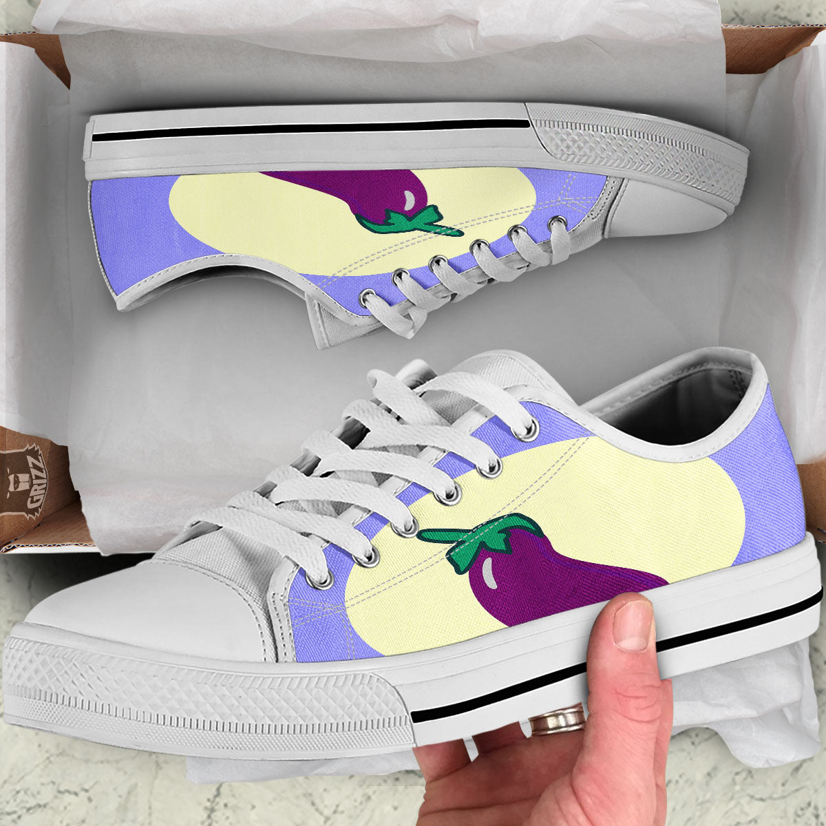 Eggplant Print White Low Top Shoes-grizzshop