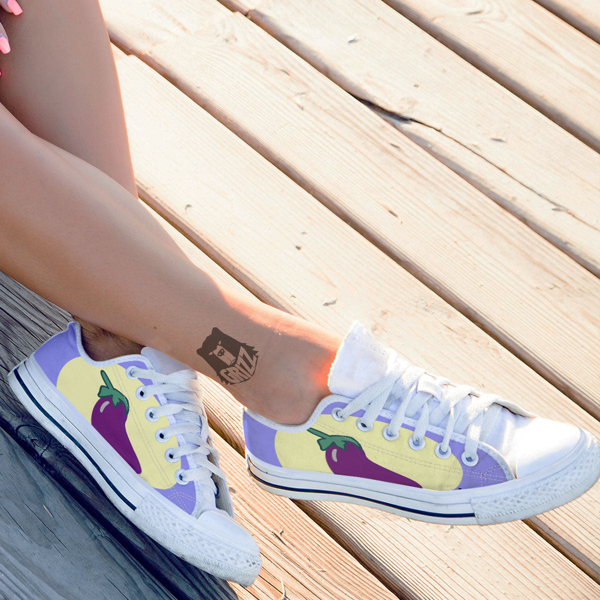 Eggplant Print White Low Top Shoes-grizzshop