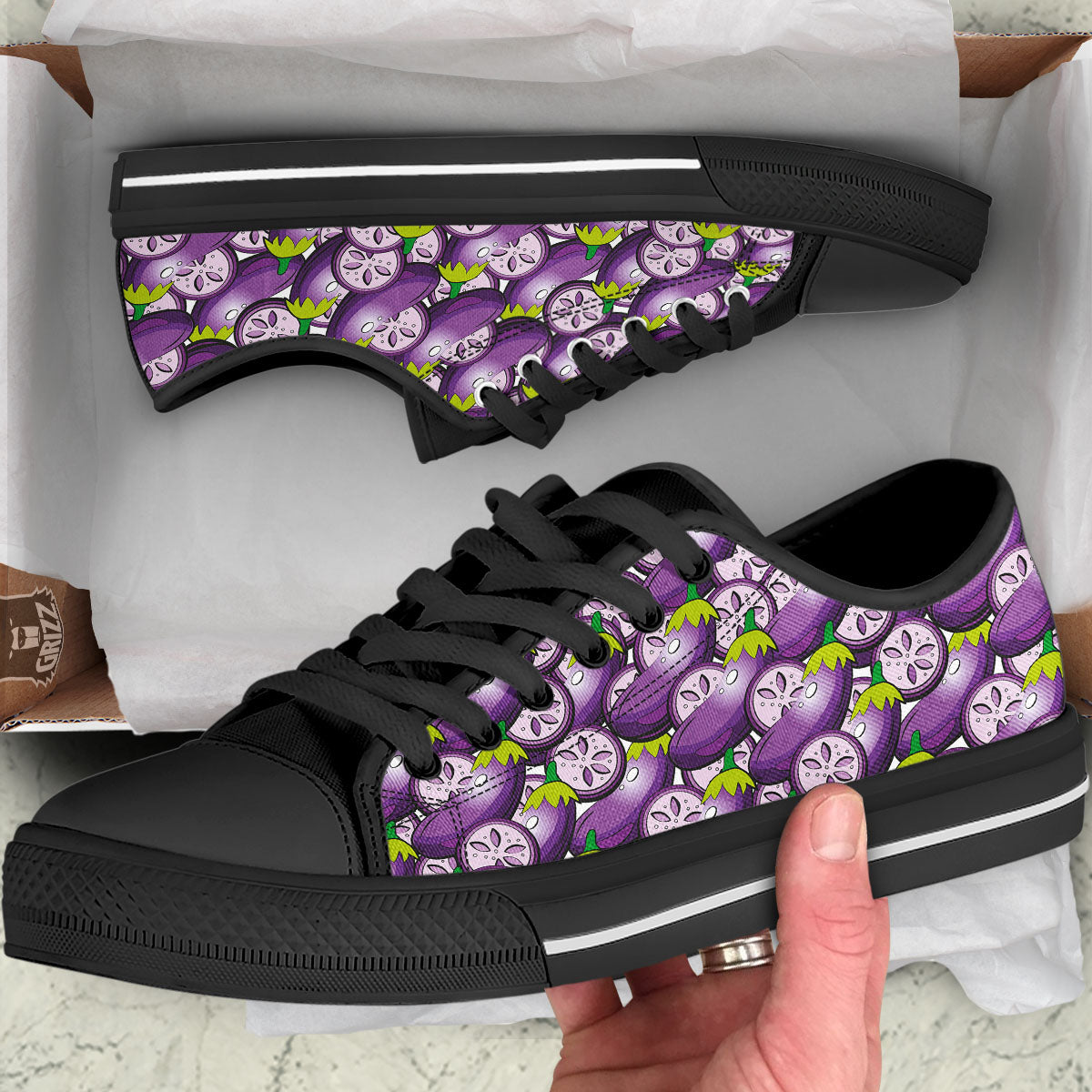 Eggplant Purple Print Pattern Black Low Top Shoes-grizzshop
