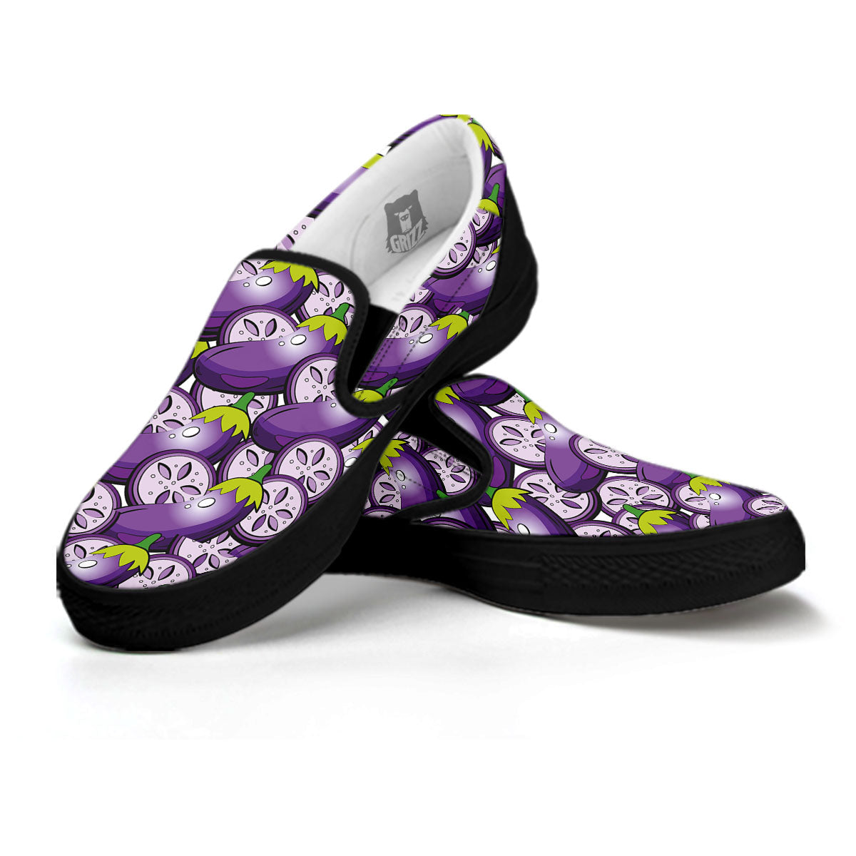 Eggplant Purple Print Pattern Black Slip On Shoes-grizzshop