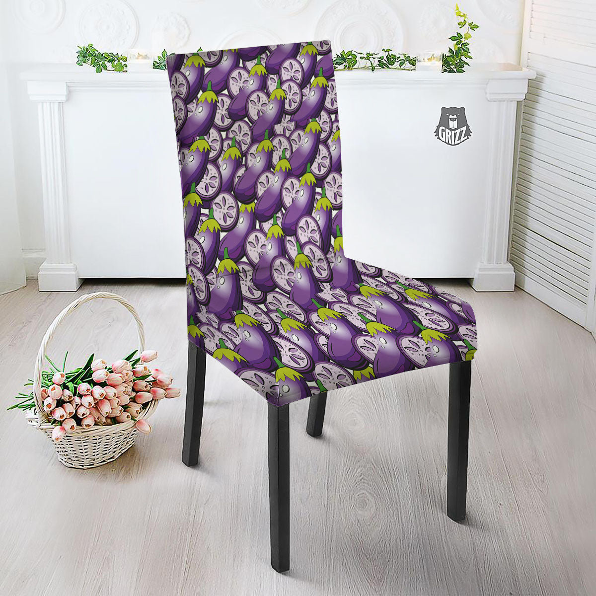Eggplant Purple Print Pattern Dining Chair Slipcover-grizzshop