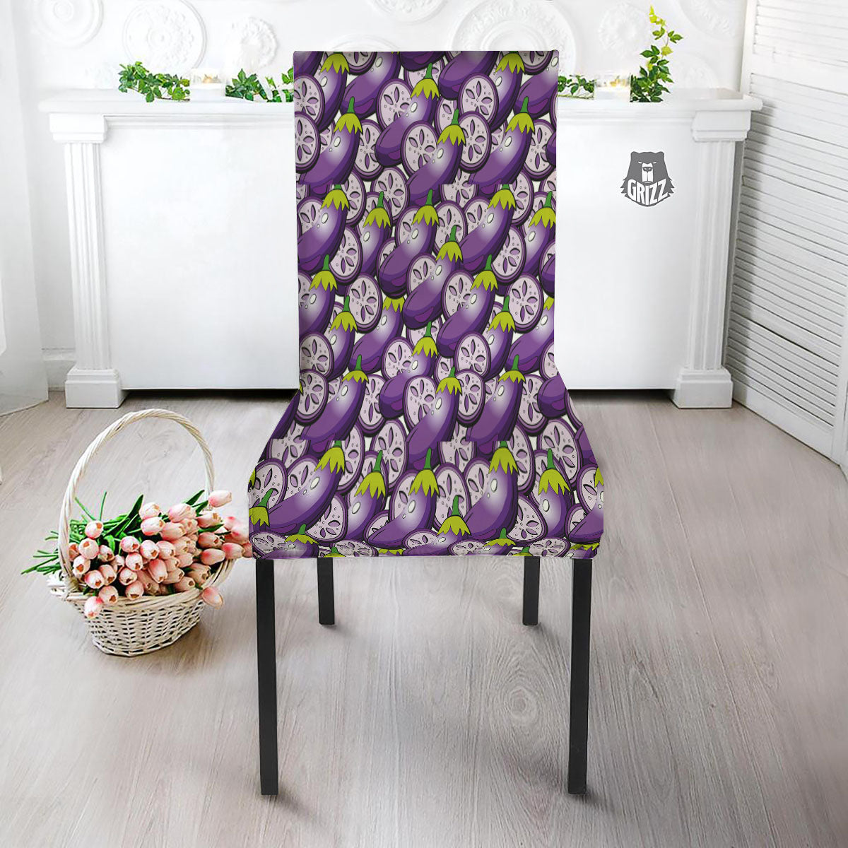 Eggplant Purple Print Pattern Dining Chair Slipcover-grizzshop