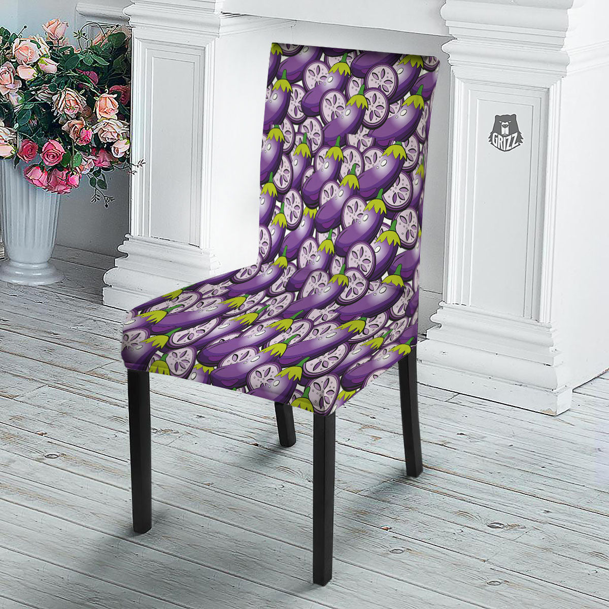 Eggplant Purple Print Pattern Dining Chair Slipcover-grizzshop