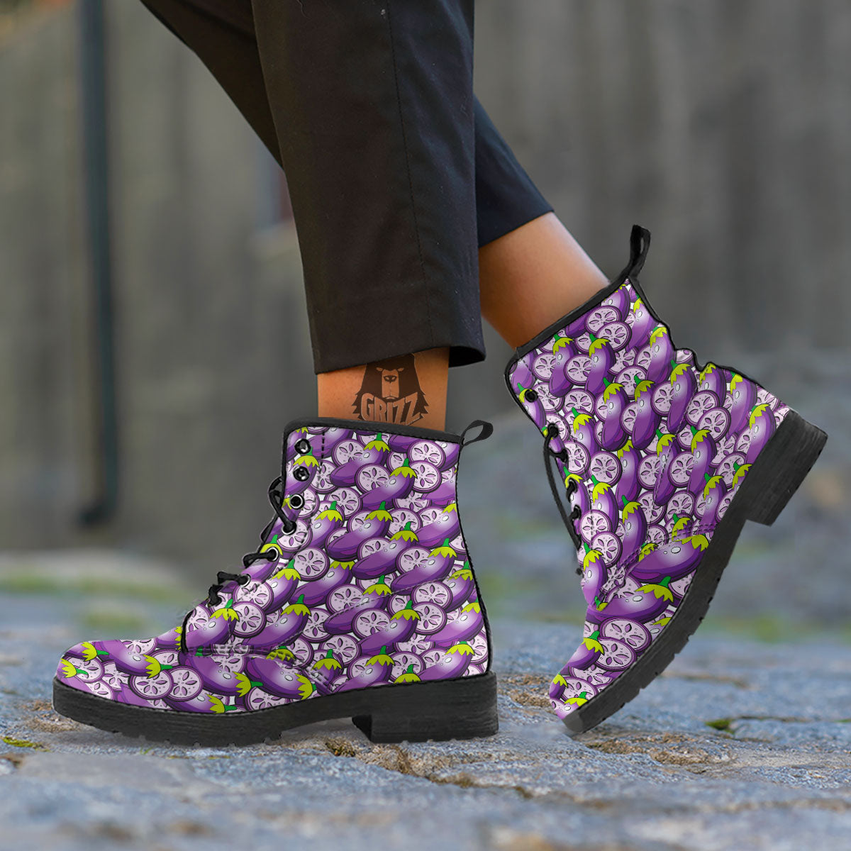 Eggplant Purple Print Pattern Leather Boots-grizzshop