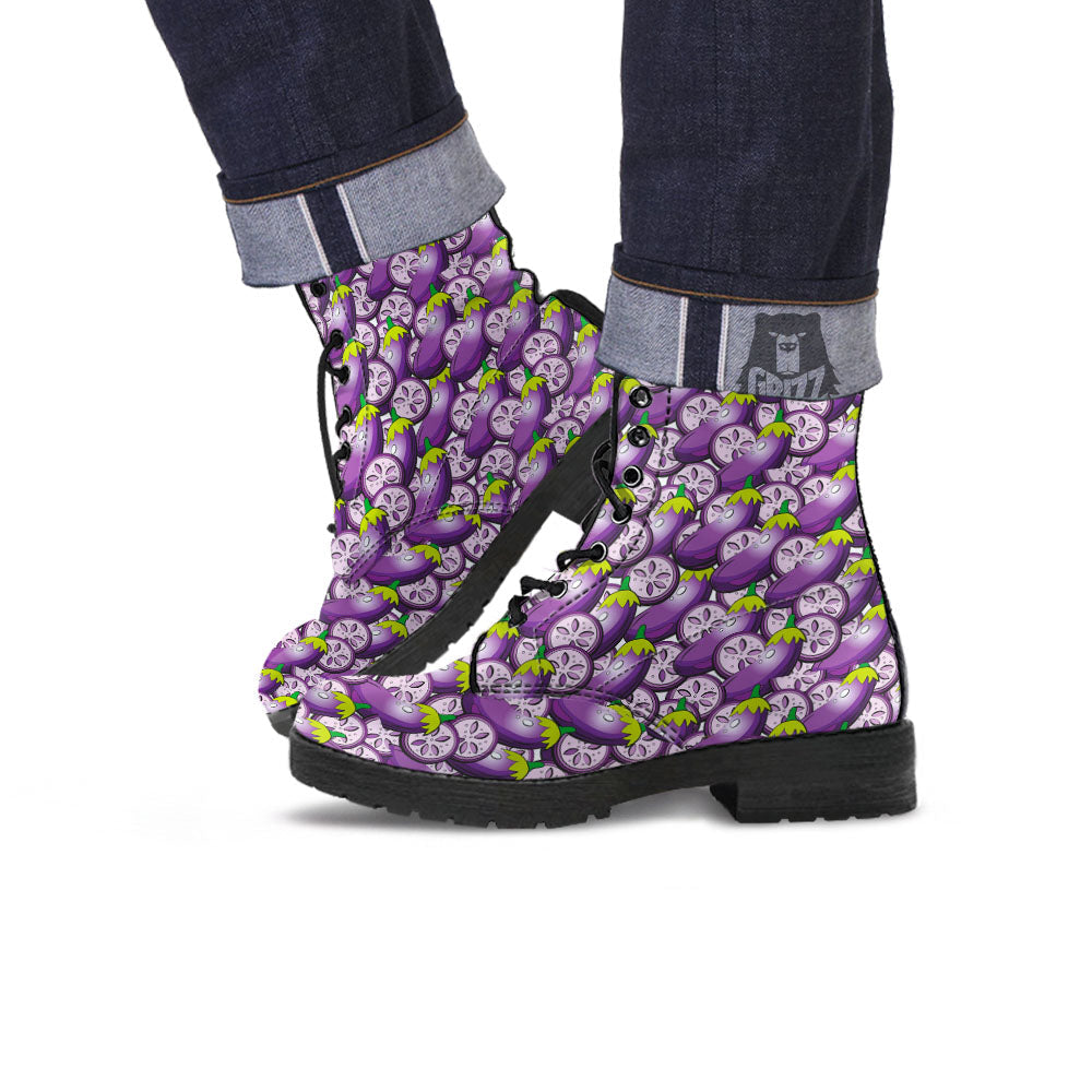 Eggplant Purple Print Pattern Leather Boots-grizzshop