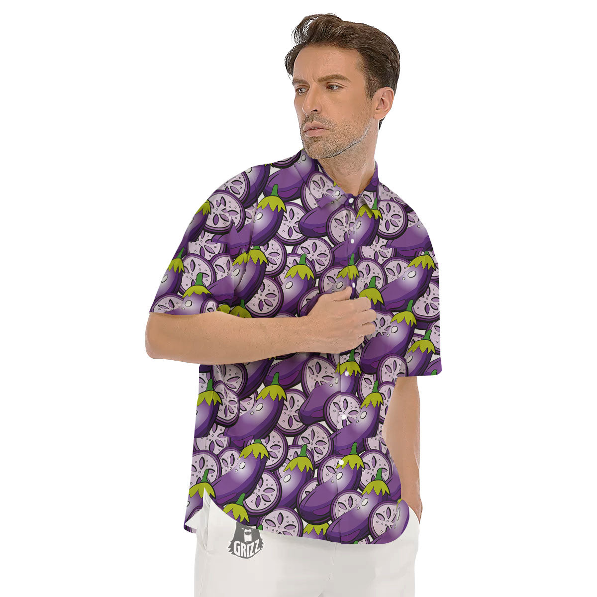 Eggplant Purple Print Pattern Men's Short Sleeve Shirts-grizzshop