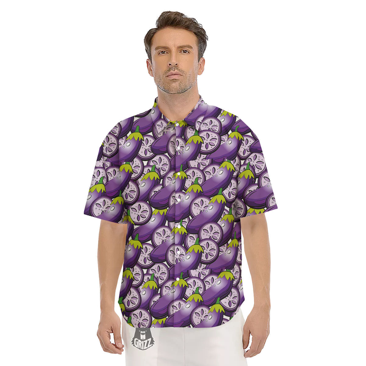 Eggplant Purple Print Pattern Men's Short Sleeve Shirts-grizzshop