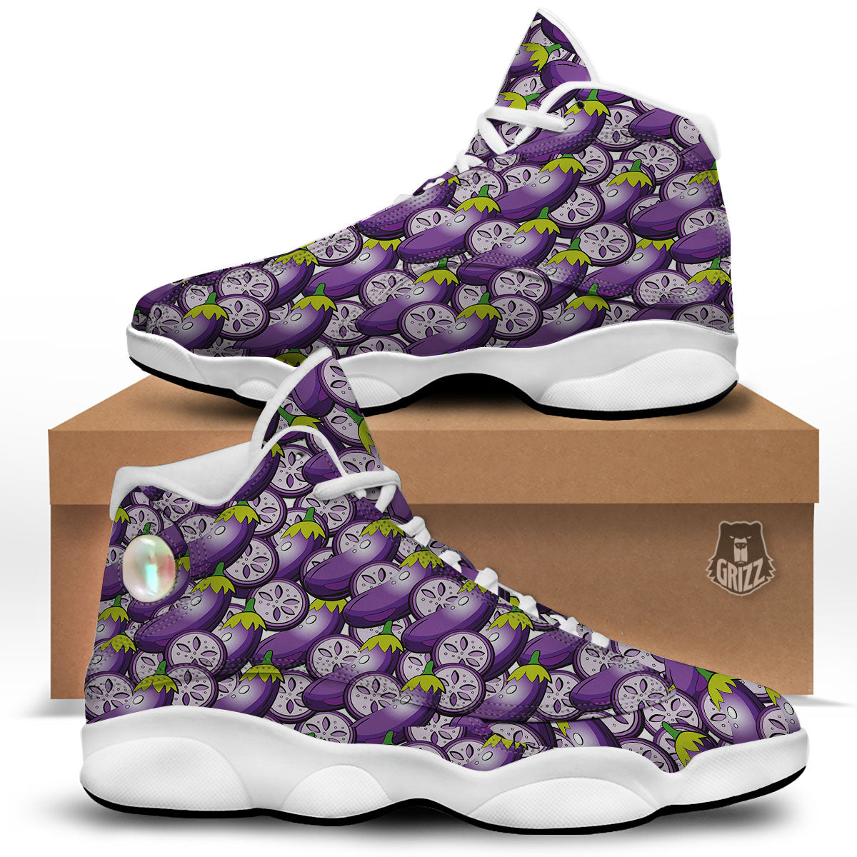 Eggplant Purple Print Pattern White Basketball Shoes-grizzshop