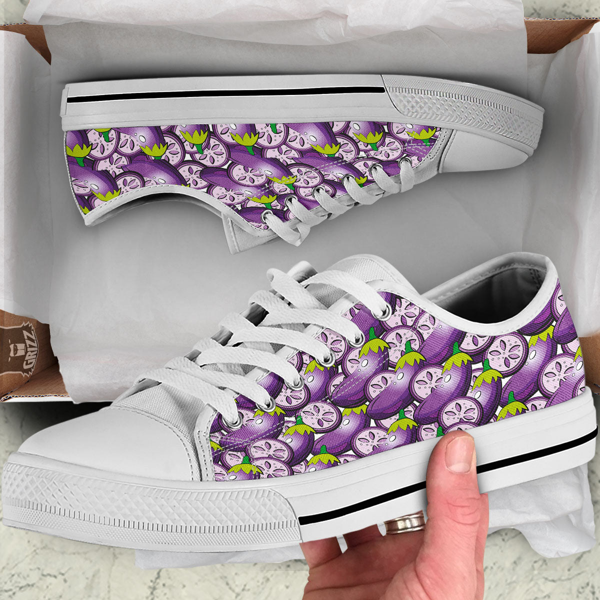 Eggplant Purple Print Pattern White Low Top Shoes-grizzshop