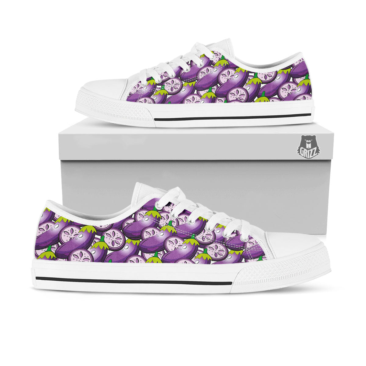 Eggplant Purple Print Pattern White Low Top Shoes-grizzshop