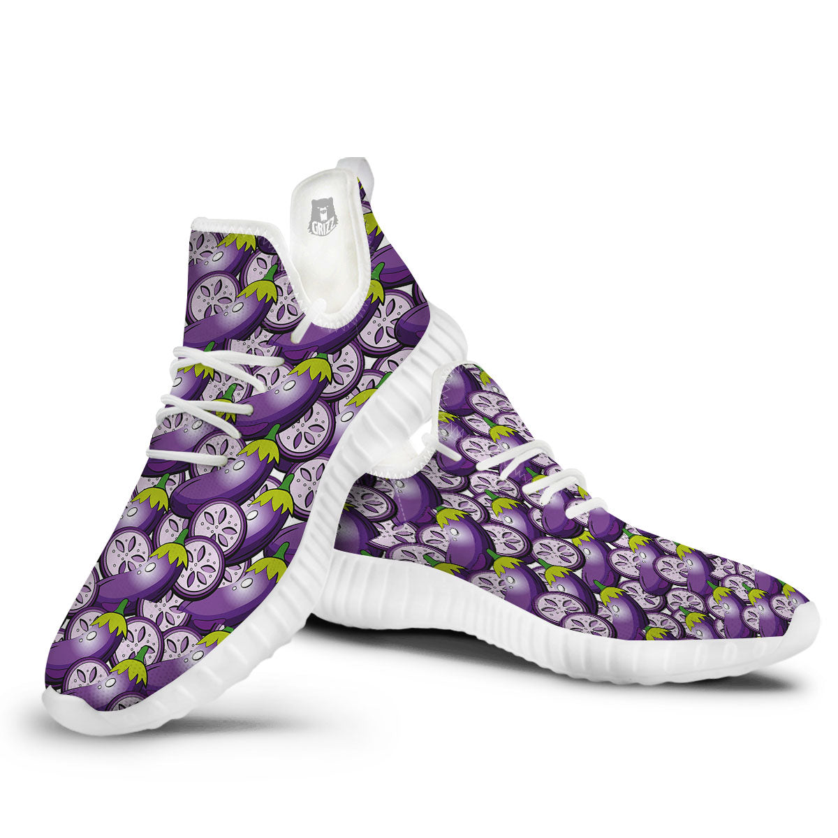 Eggplant Purple Print Pattern White Walking Shoes-grizzshop