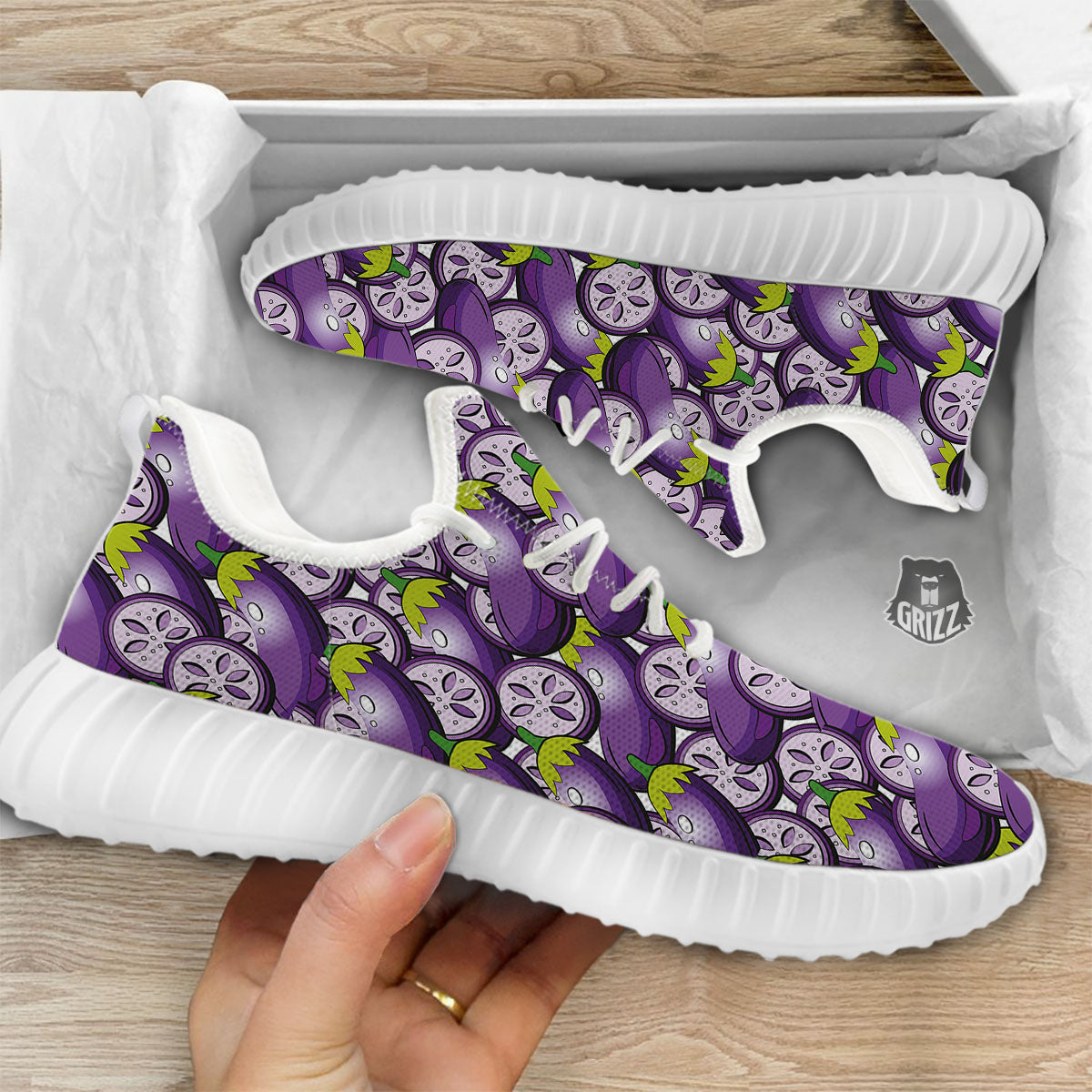 Eggplant Purple Print Pattern White Walking Shoes-grizzshop
