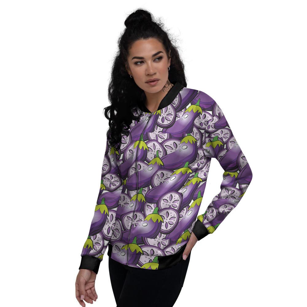 Eggplant Purple Print Pattern Women's Bomber Jacket-grizzshop