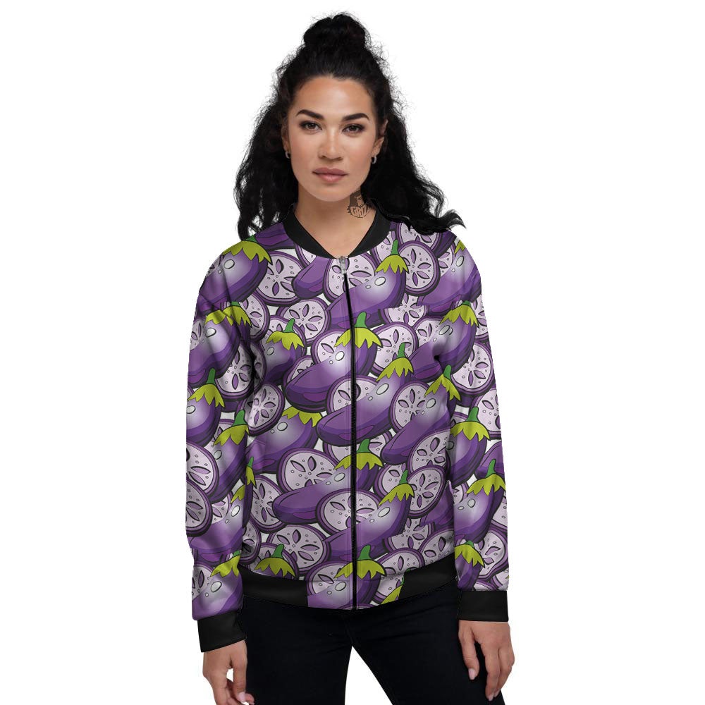 Eggplant Purple Print Pattern Women's Bomber Jacket-grizzshop