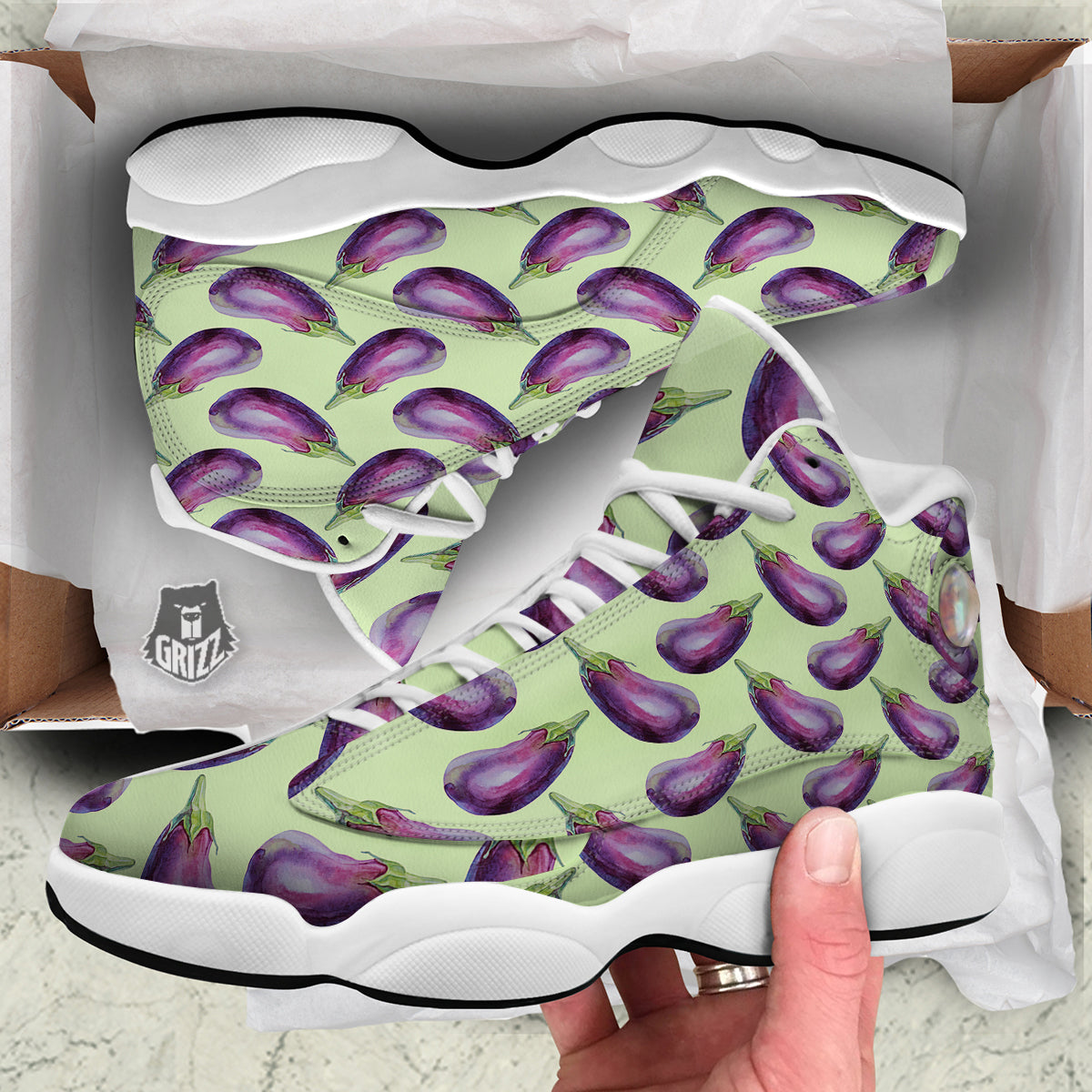 Eggplant Watercolor Pattern White Basketball Shoes-grizzshop
