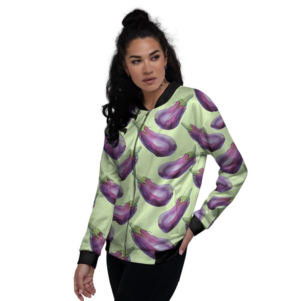 Eggplant Watercolor Pattern Women's Bomber Jacket-grizzshop