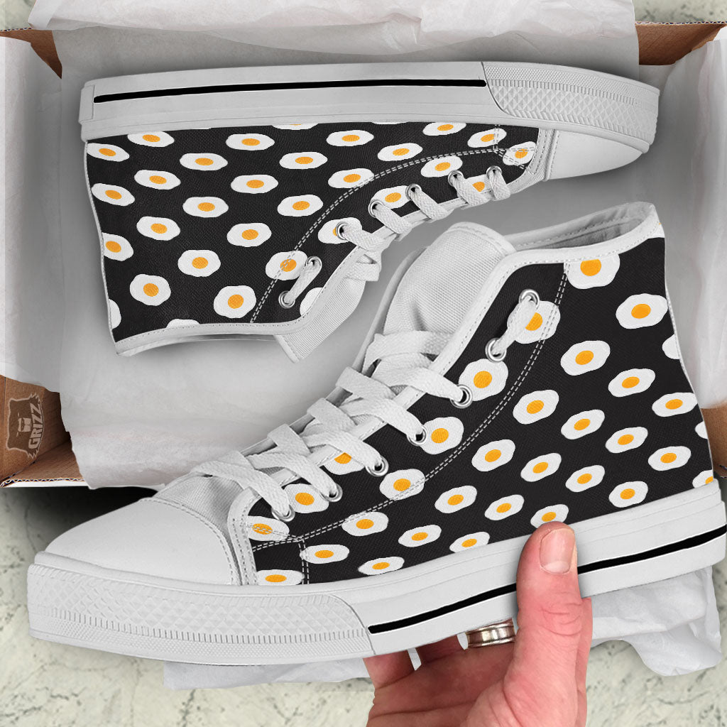 Eggs Black Fried Print Pattern White High Top Shoes-grizzshop