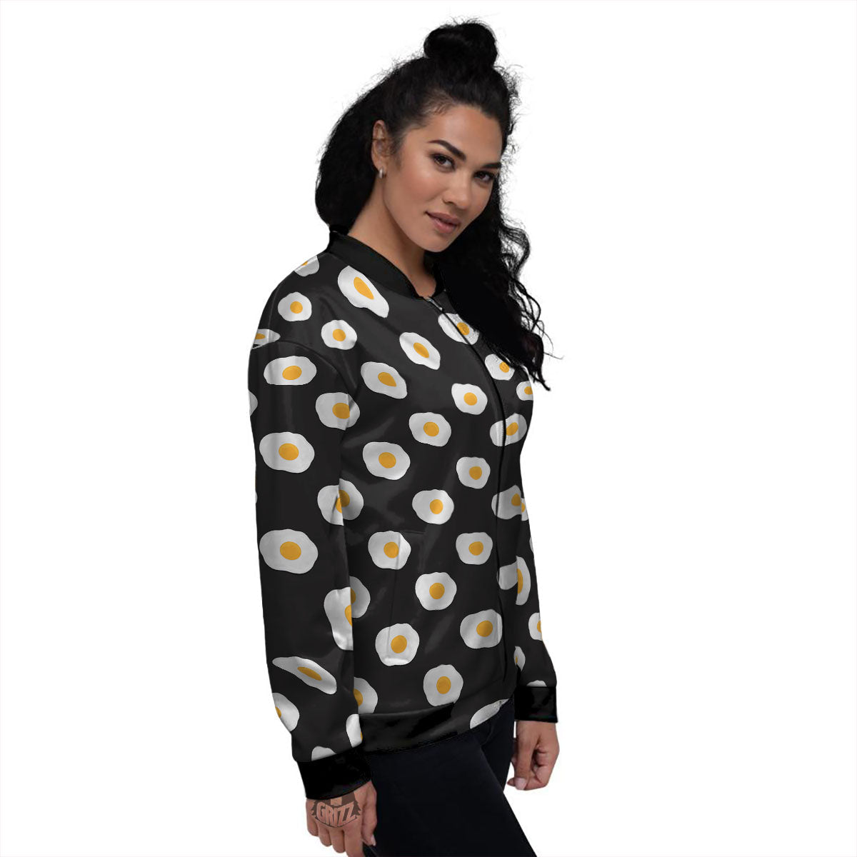 Eggs Black Fried Print Pattern Women's Bomber Jacket-grizzshop