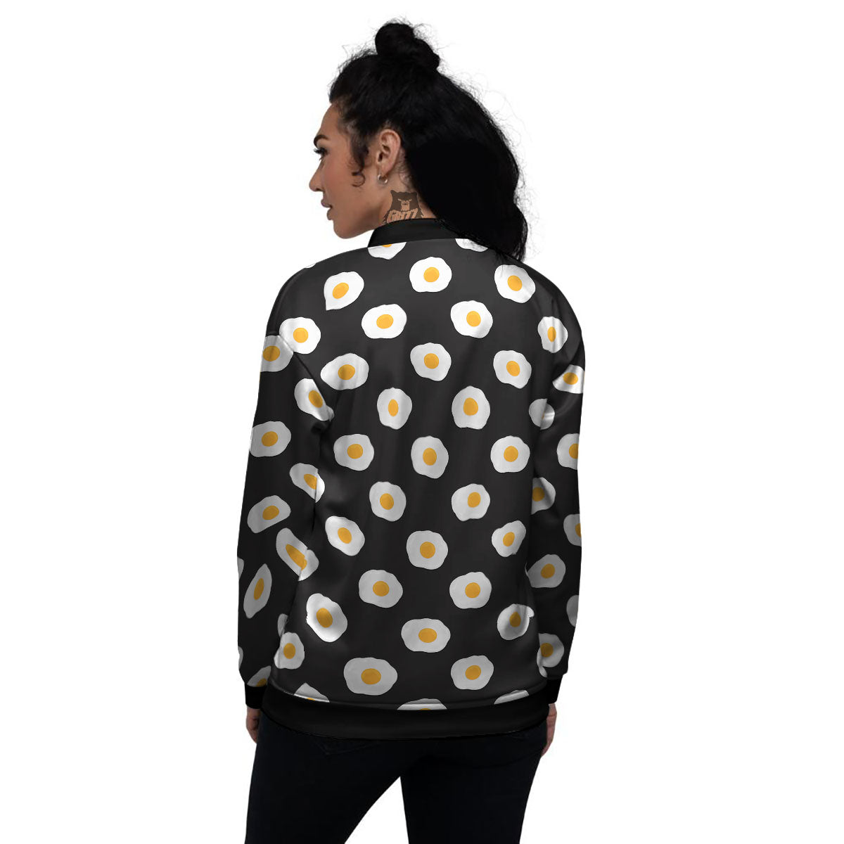 Eggs Black Fried Print Pattern Women's Bomber Jacket-grizzshop