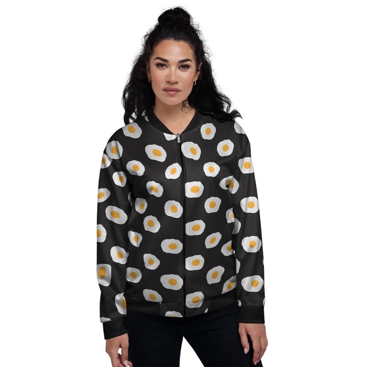 Eggs Black Fried Print Pattern Women's Bomber Jacket-grizzshop