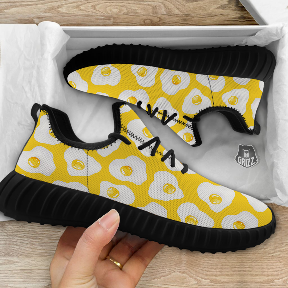 Eggs Yellow Print Pattern Black Walking Shoes-grizzshop