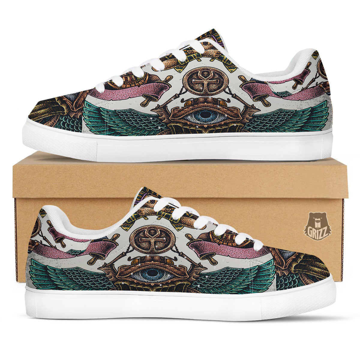 Egypt Hand Drawn Print White Low Top Sneakers-grizzshop