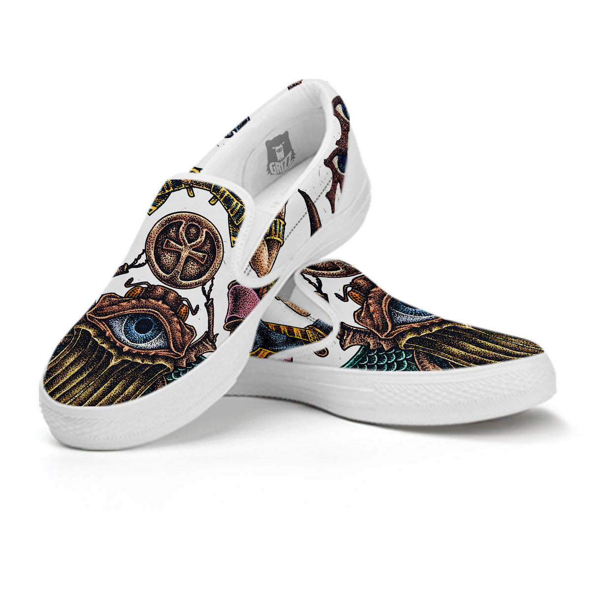 Egypt Hand Drawn Print White Slip On Shoes-grizzshop