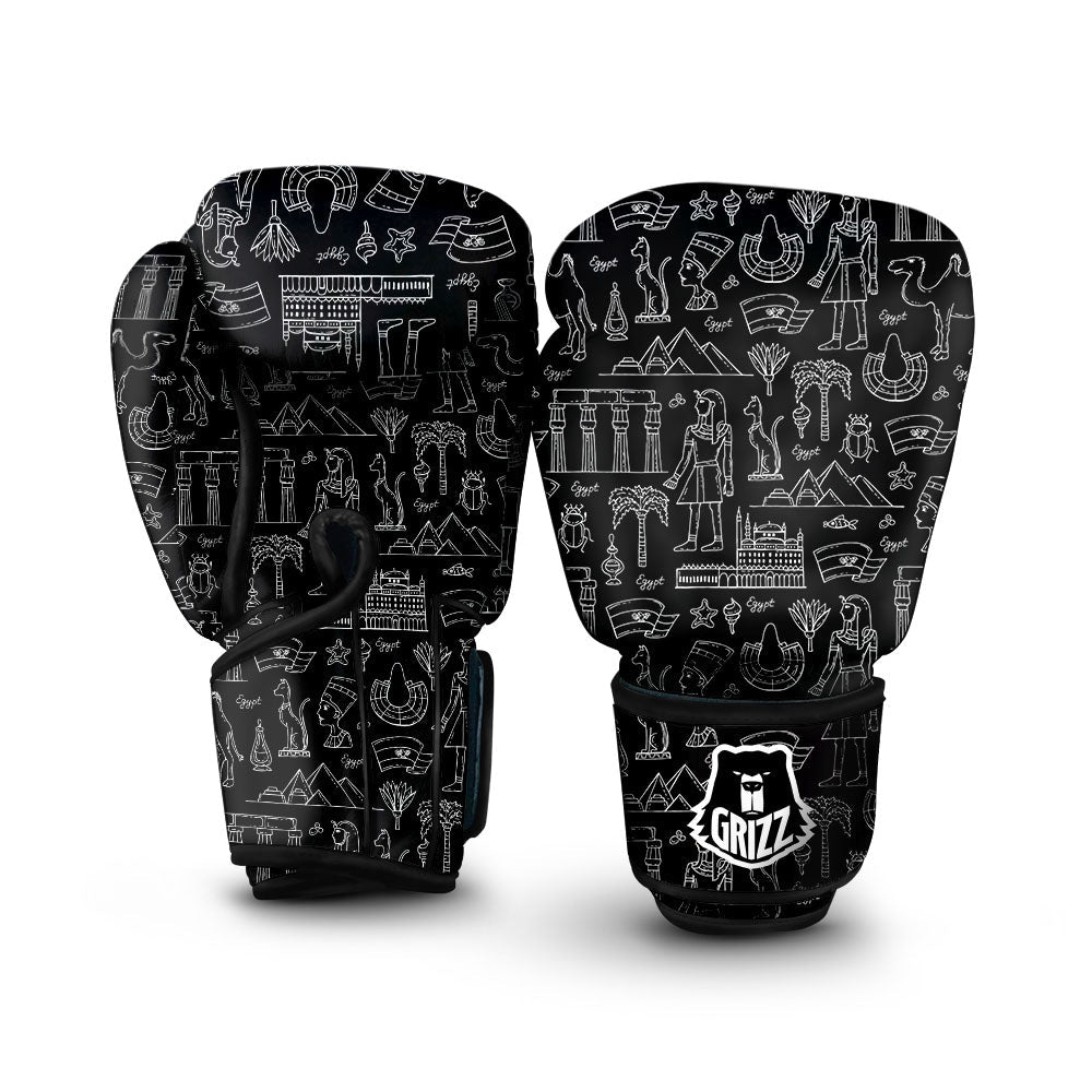 Egypt White And Black Print Pattern Boxing Gloves-grizzshop